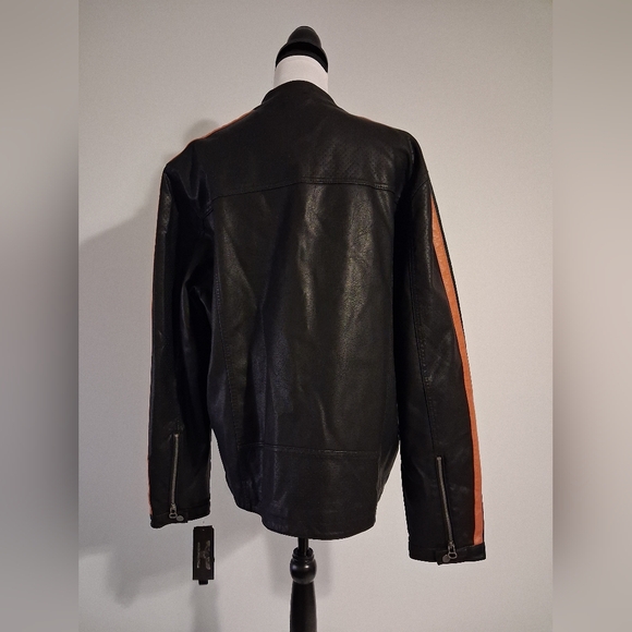 Men's Black Faux Leather Jacket with Striped Sleeves Size XL - Picture 2 of 16